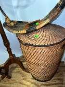 Decorative Wicker Basket, Laundry Hamper, and (2) Wooden Side Tables