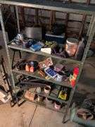 Metal shelving and wooden shelving - both with contents