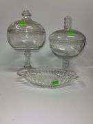 (2) Clear Glass Pedestal Candy Jars and Glass Relish Dish