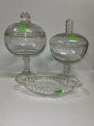 (2) Clear Glass Pedestal Candy Jars and Glass Relish Dish