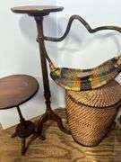 Decorative Wicker Basket, Laundry Hamper, and (2) Wooden Side Tables