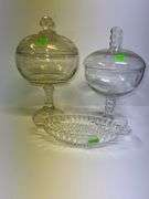 (2) Clear Glass Pedestal Candy Jars and Glass Relish Dish