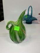 Blue Glass Basket and (2) Glass Vases