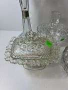 Assortment of Clear Glass Baskets, Dishes and Vases