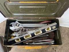 Yellow Metal Ammo Crate and Black Plastic Sears Box w/ Hand Tools