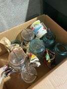 Box of jars including clear and blue - mostly Atlas