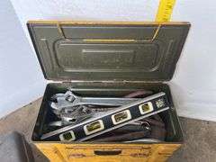 Yellow Metal Ammo Crate and Black Plastic Sears Box w/ Hand Tools