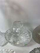Assortment of Clear Glass Baskets, Dishes and Vases