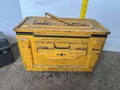 Yellow Metal Ammo Crate and Black Plastic Sears Box w/ Hand Tools