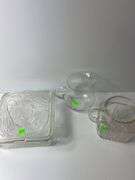 (2) Clear Glass Pitchers and (1) Clear Glass Dish w/ Lid