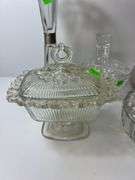 Assortment of Clear Glass Baskets, Dishes and Vases