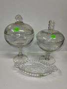 (2) Clear Glass Pedestal Candy Jars and Glass Relish Dish