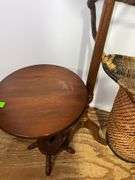 Decorative Wicker Basket, Laundry Hamper, and (2) Wooden Side Tables