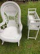 White Wicker Rocking Chair and Flower Basket