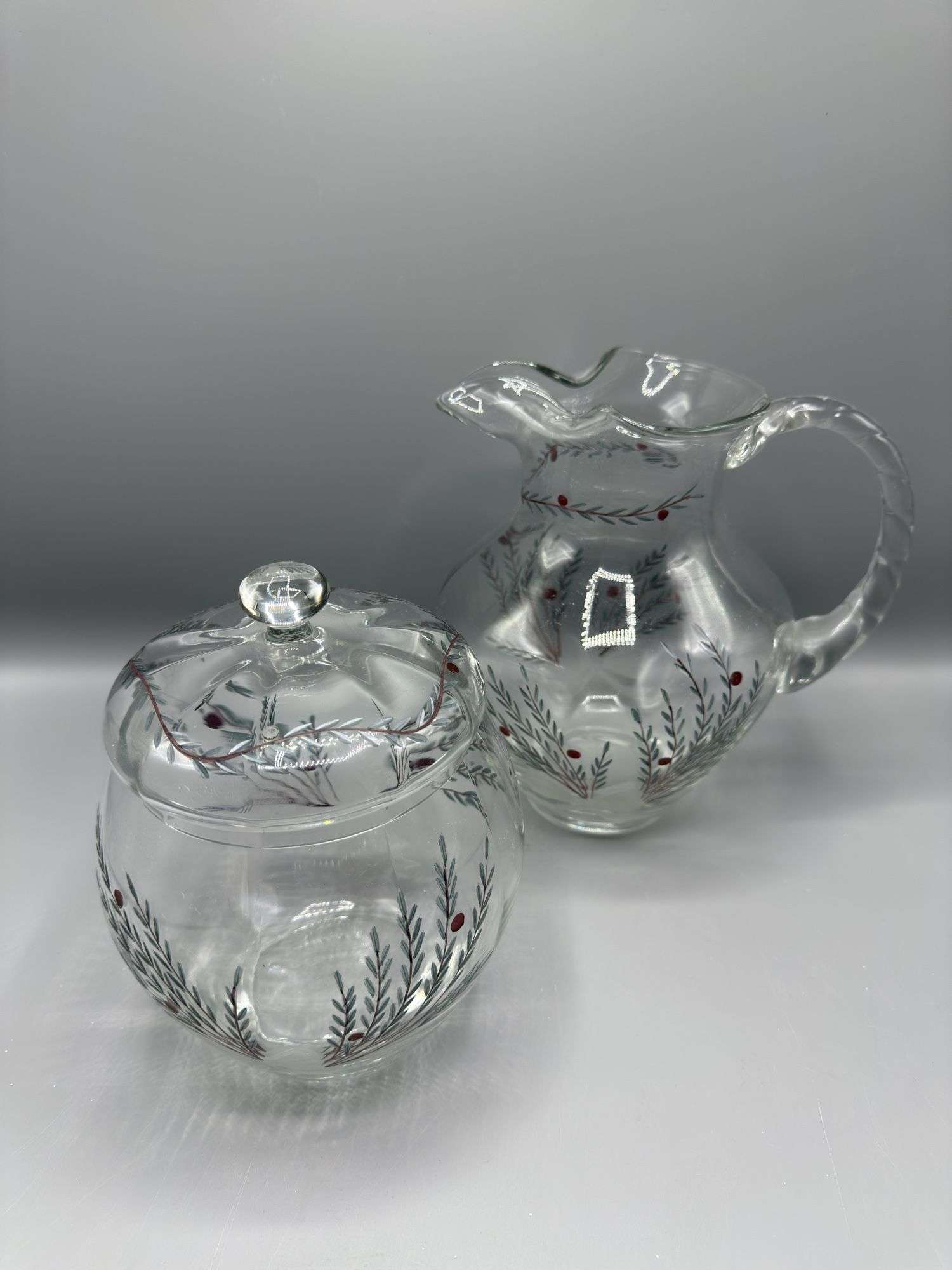 CRYSTAL CLEAR CELEBRATIONS JUNIPER COLLECTIONS ROMANIA GLASS PITCHER AND COOKIE JAR