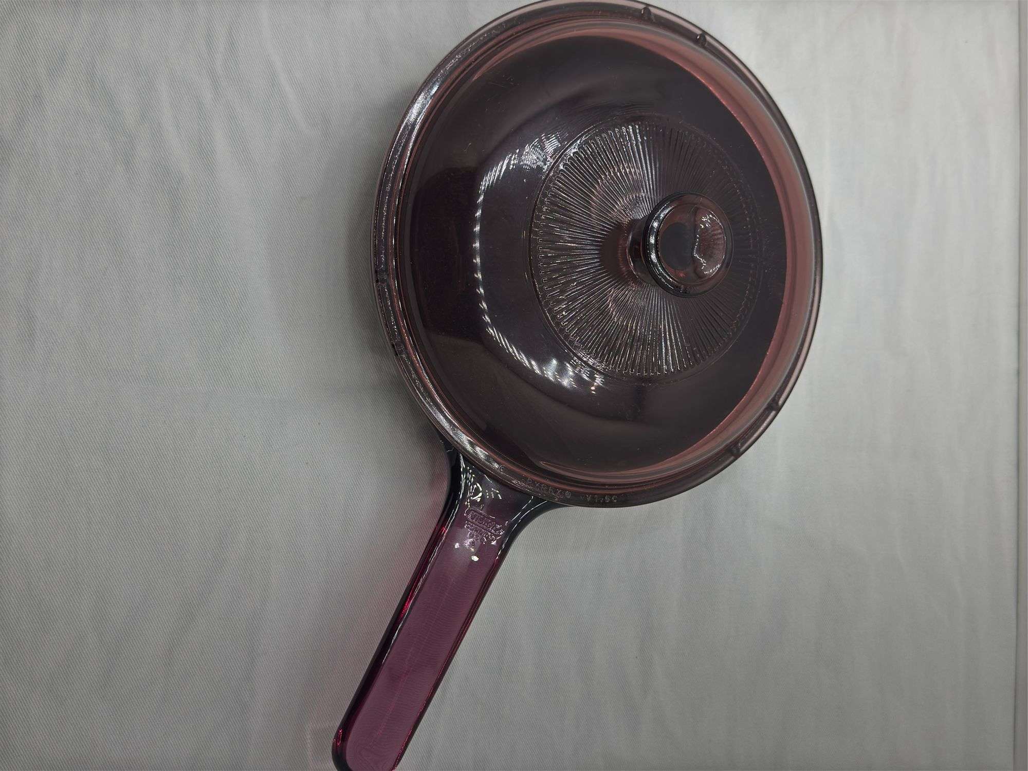 VISIONS CORNING WARE CRANBERRY FRYING PAN, HAS A FEW CHIPS ON EDGE OF LID