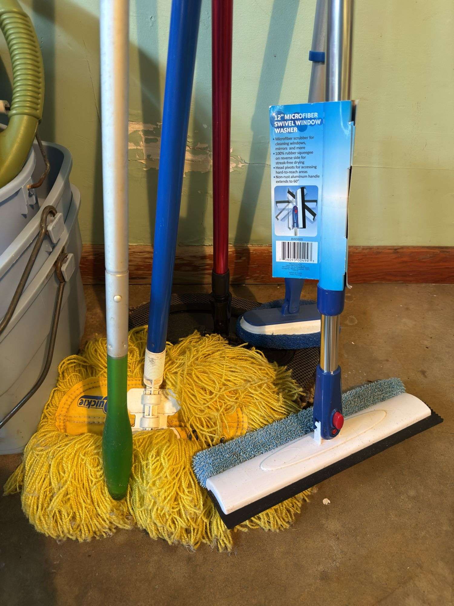 CLEANING SUPPLIES, MOPS, SWIVEL WINDOW WASHER, 2 GAL. BUCKETS, WATERING CAN