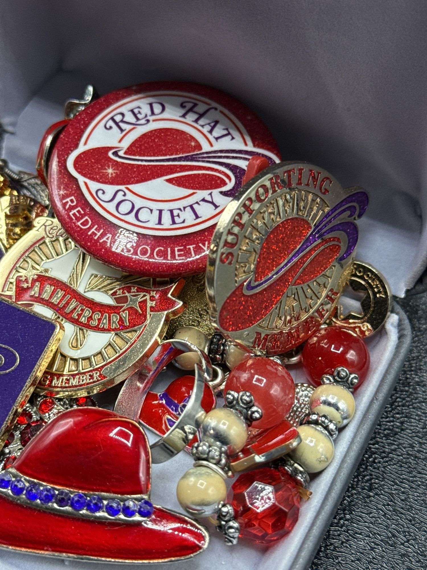 RED HAT SOCIETY BROOCHES, PINS, BRACELET