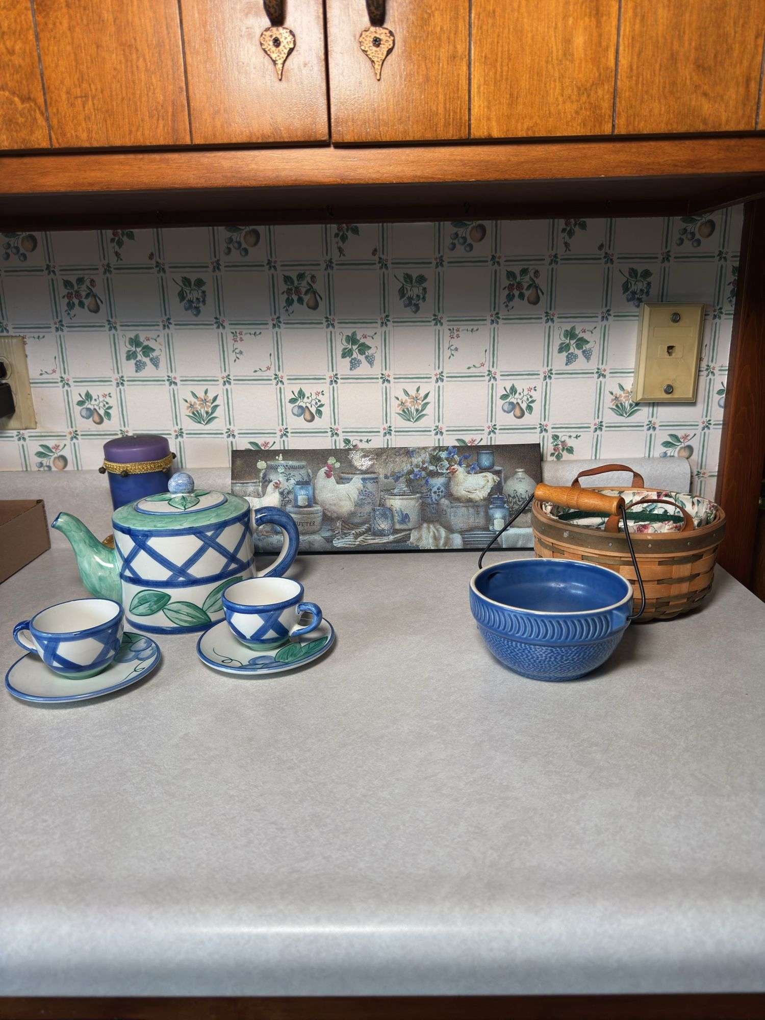 MIKASA TEA PITCHER AND TEA CUPS, BOWL, WALLART, BASKET BY ROYCE CRAFT,CANDLE