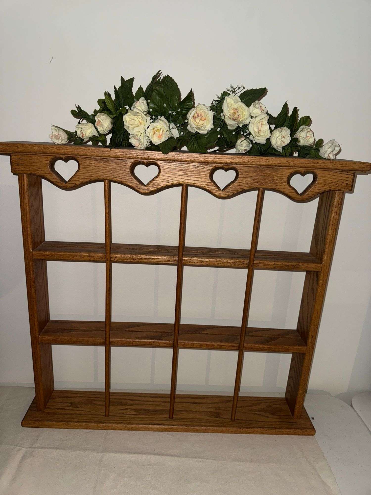 OAK WALL SHELVING/DISPLAY RACK, WOOD AND GLASS WALL ART, WOOD RACK WITH ANIMAL FIGURINES