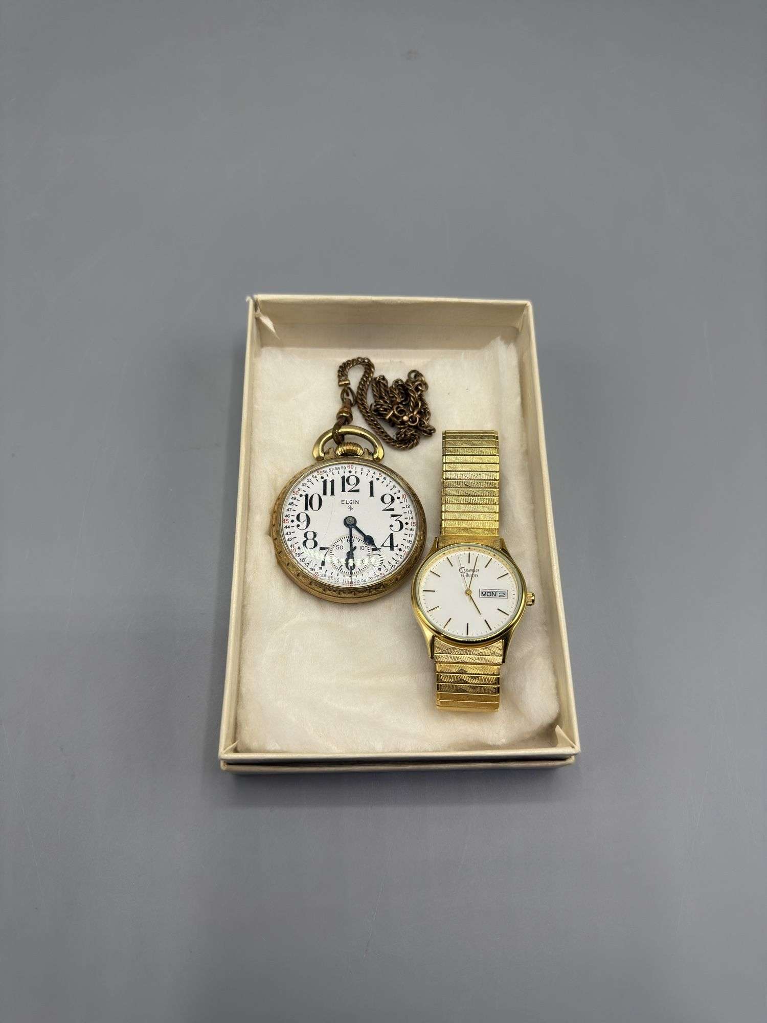 VINTAGE ELGIN POCKET WATCH AND CARAVELLE BULOVA WRIST WATCH