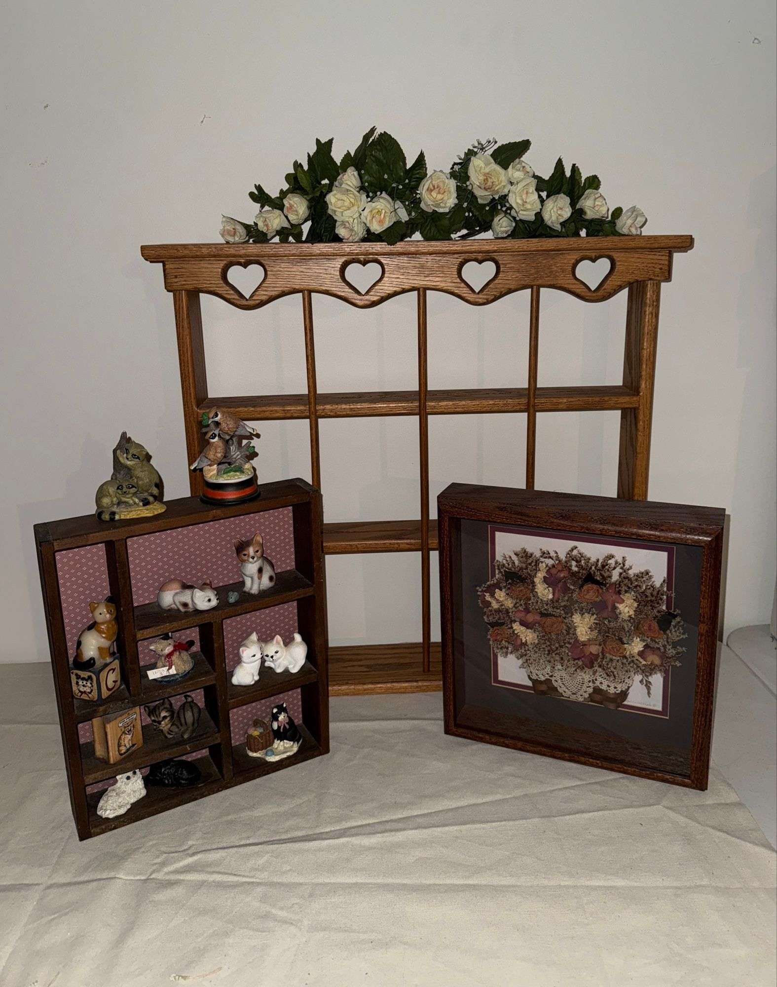 OAK WALL SHELVING/DISPLAY RACK, WOOD AND GLASS WALL ART, WOOD RACK WITH ANIMAL FIGURINES