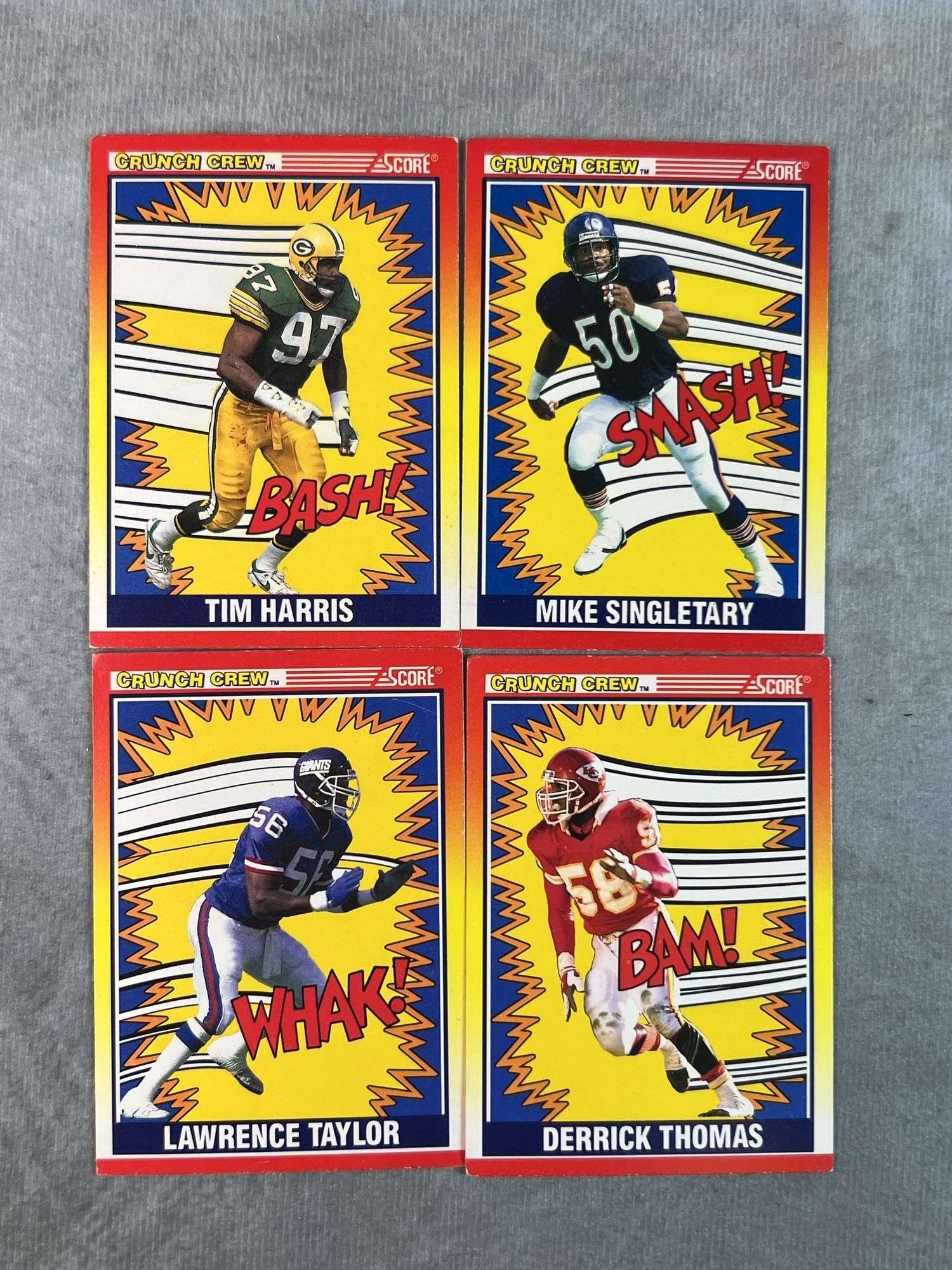 (4) Crunch Crew SCORE Football Cards( Mike Singletary, Tim Harris, Derrick Thomas, Lawrence Taylor)