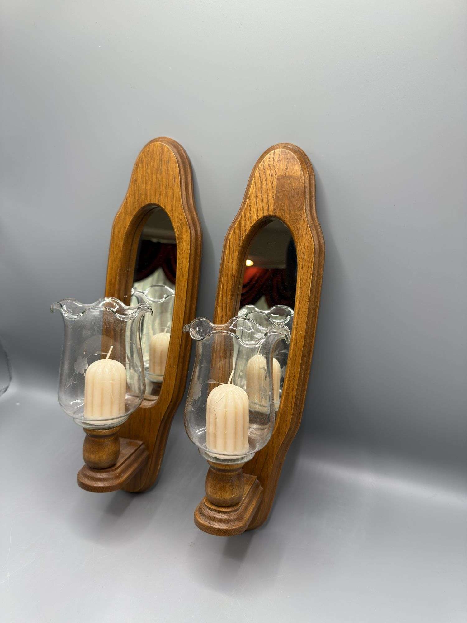 PAIR OF VINTAGE OAK MIRRORED CANDLE HOLDERS