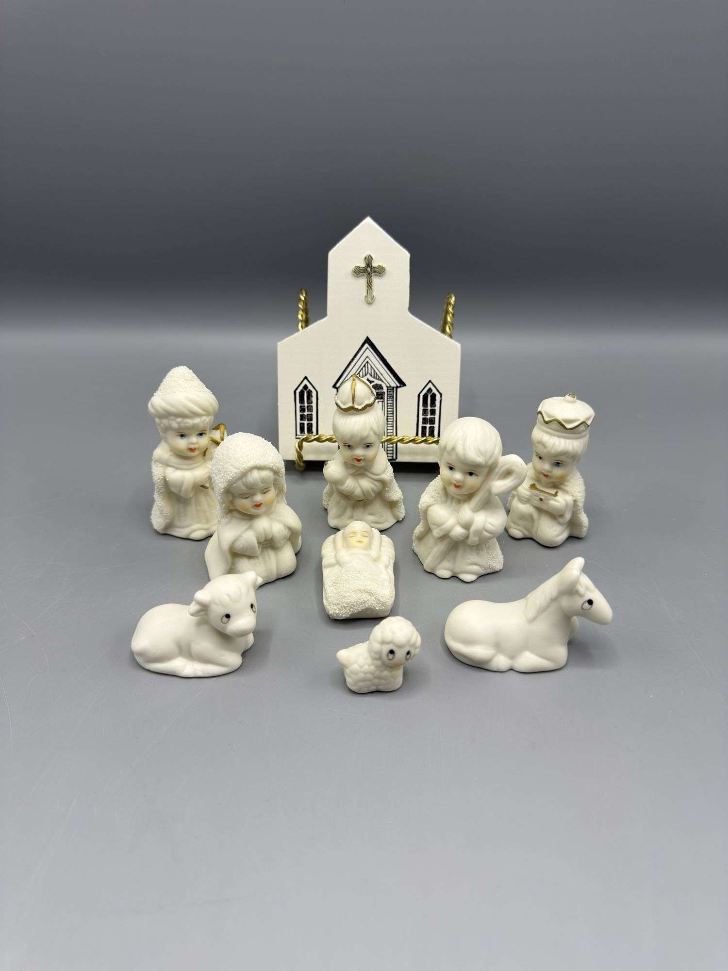 SNOW-BABY STYLE NATIVITY SET AND WOODEN OTTERBEIN U.M. CHURCH COLLECTIBLE