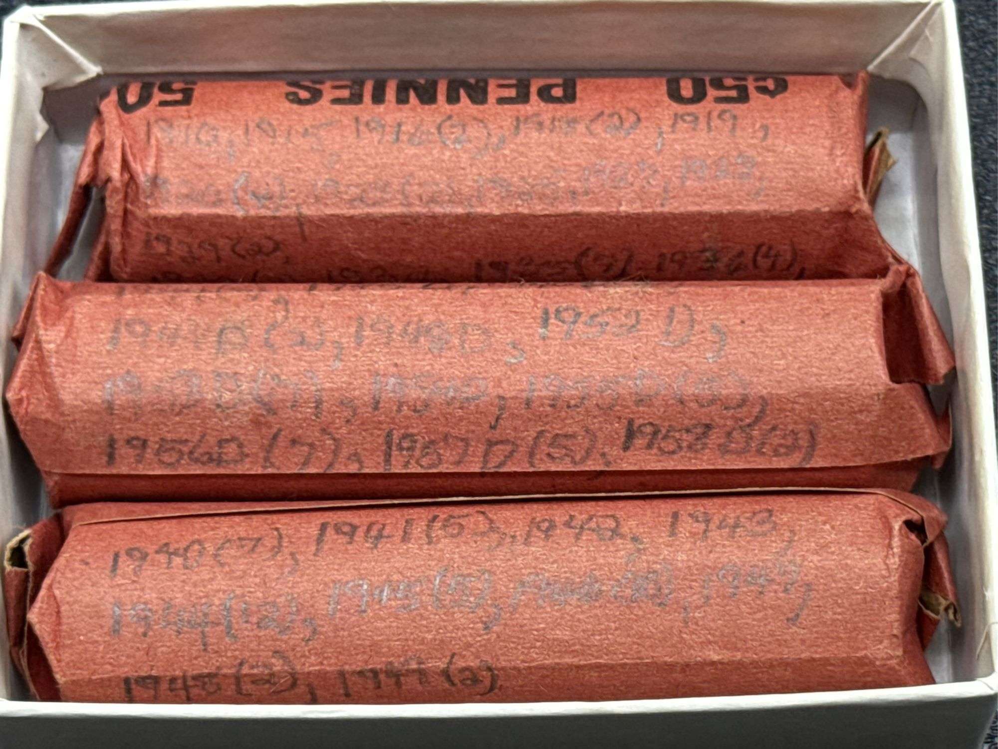 ROLLS OF ALL WHEAT PENNIES (YEARS SORTED AND MARKED ON ROLLS)