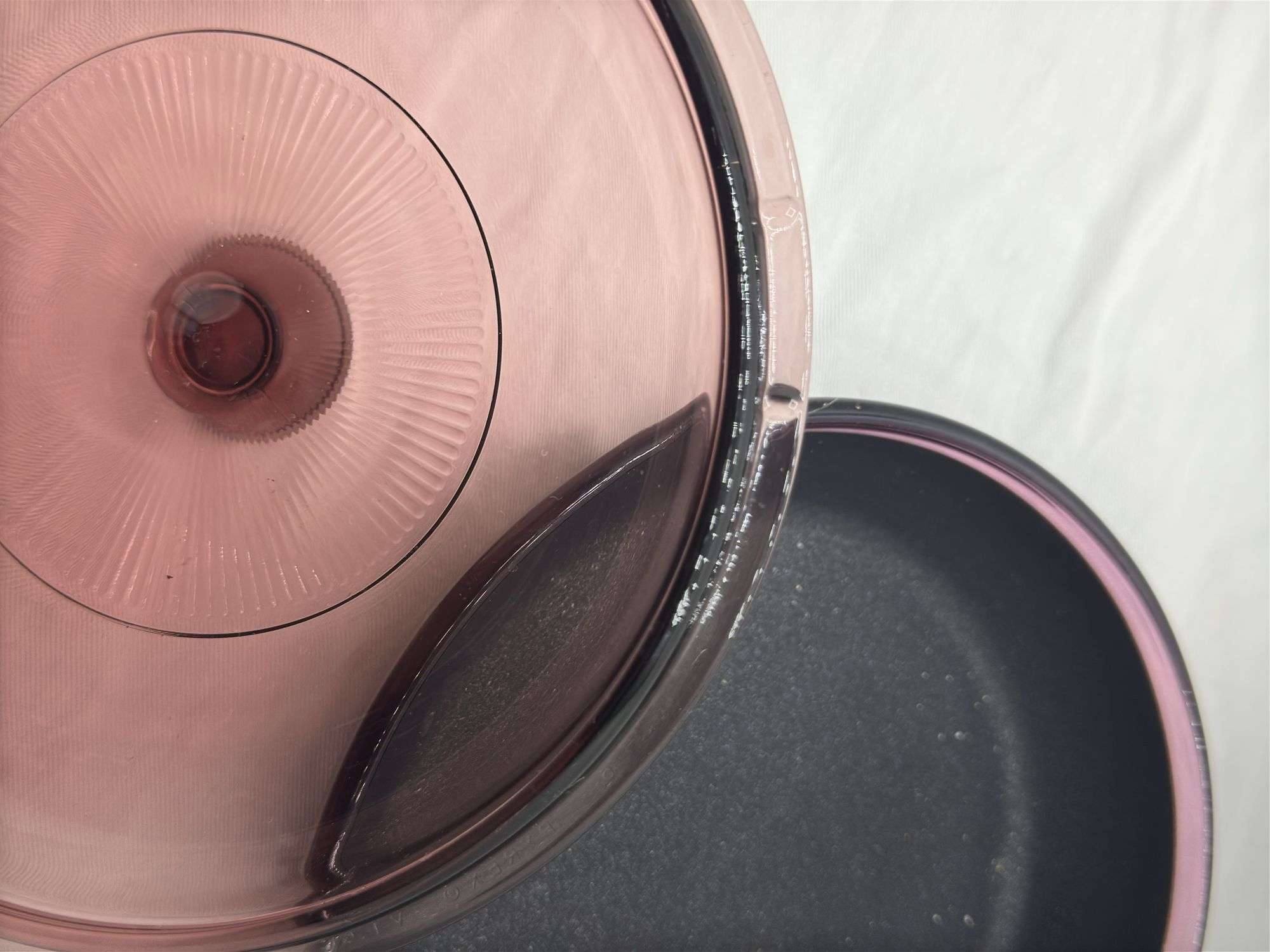 VISIONS CORNING WARE CRANBERRY FRYING PAN, HAS A FEW CHIPS ON EDGE OF LID