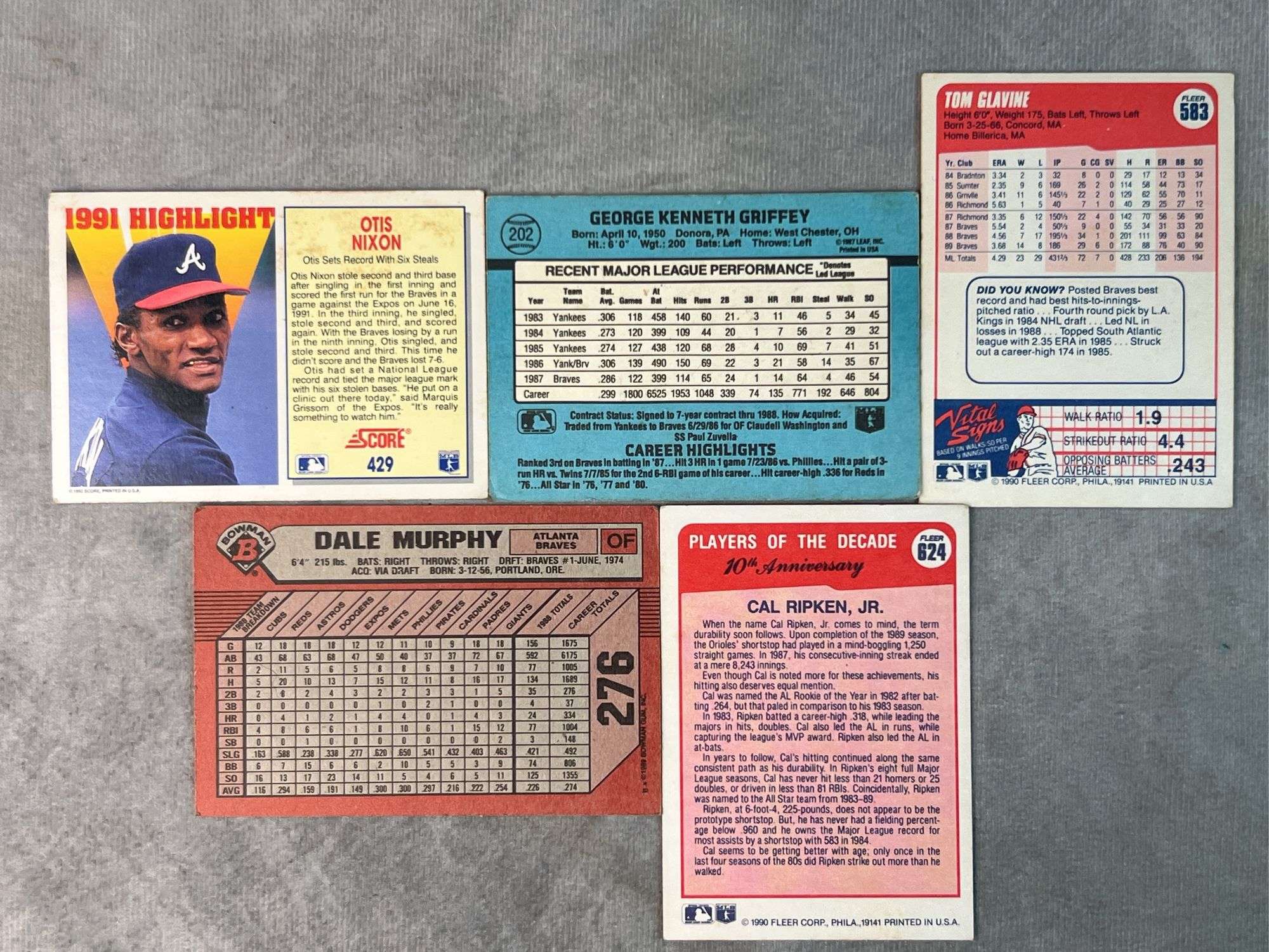 Tom Glavine, Cal Ripken Jr., Dale Murphy, Ken Griffey, Otis Nixon Cards