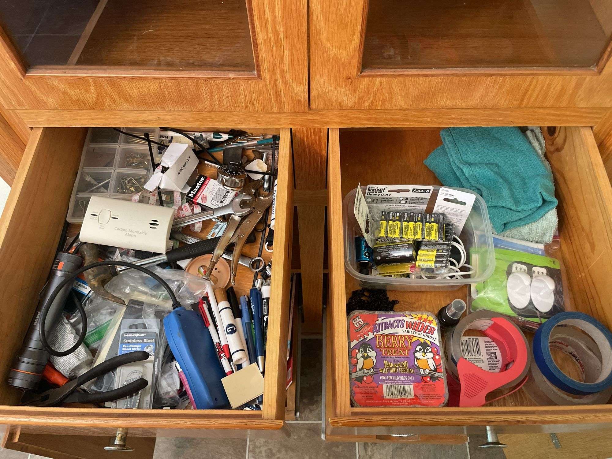 Contents of 2 drawers - tools, tape, batteries, and more