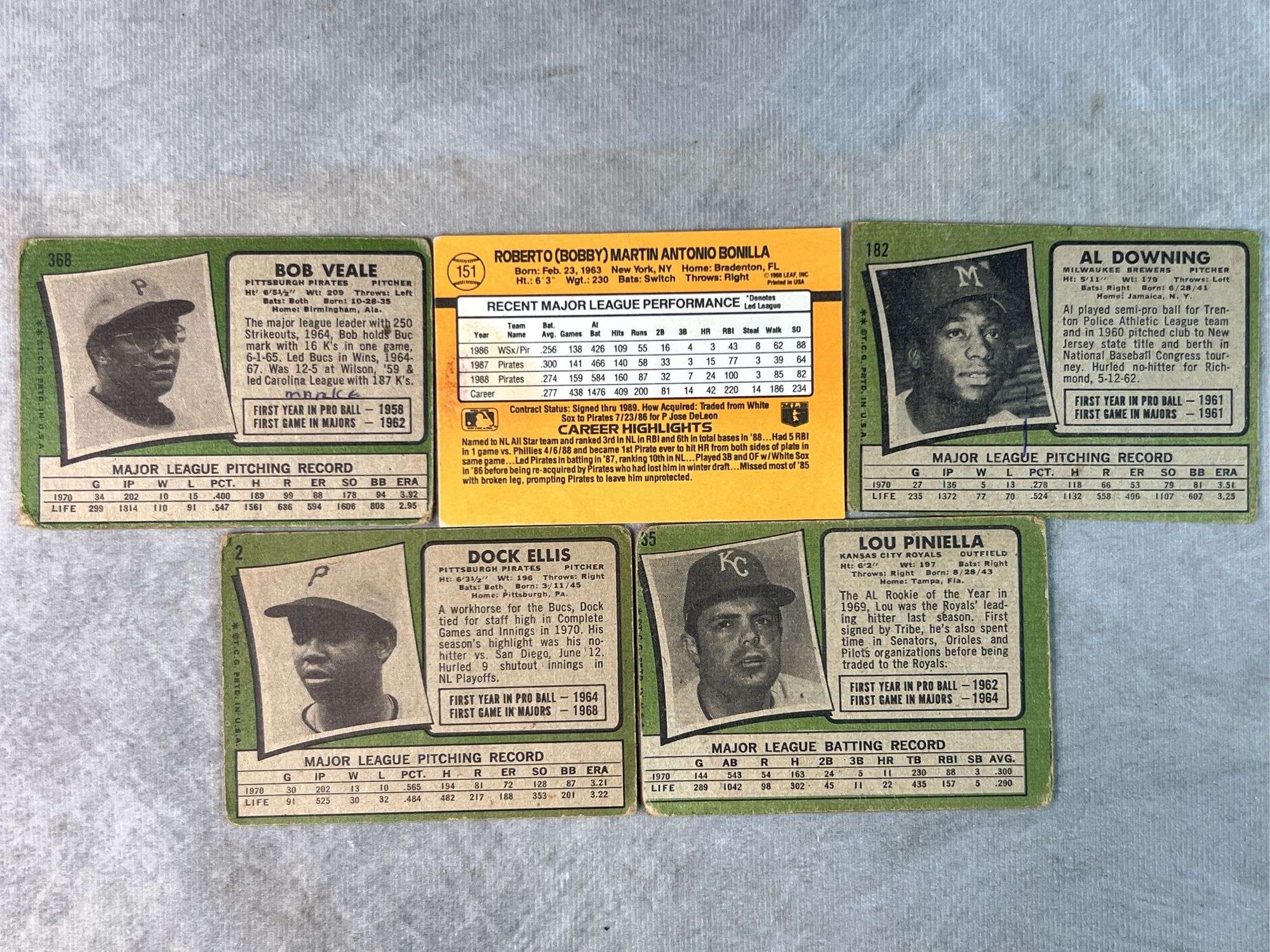 1970 Topps Cards (Bob Veale, Bobby Bonilla, Al Downing, Dock Ellis, Lou Piniella)