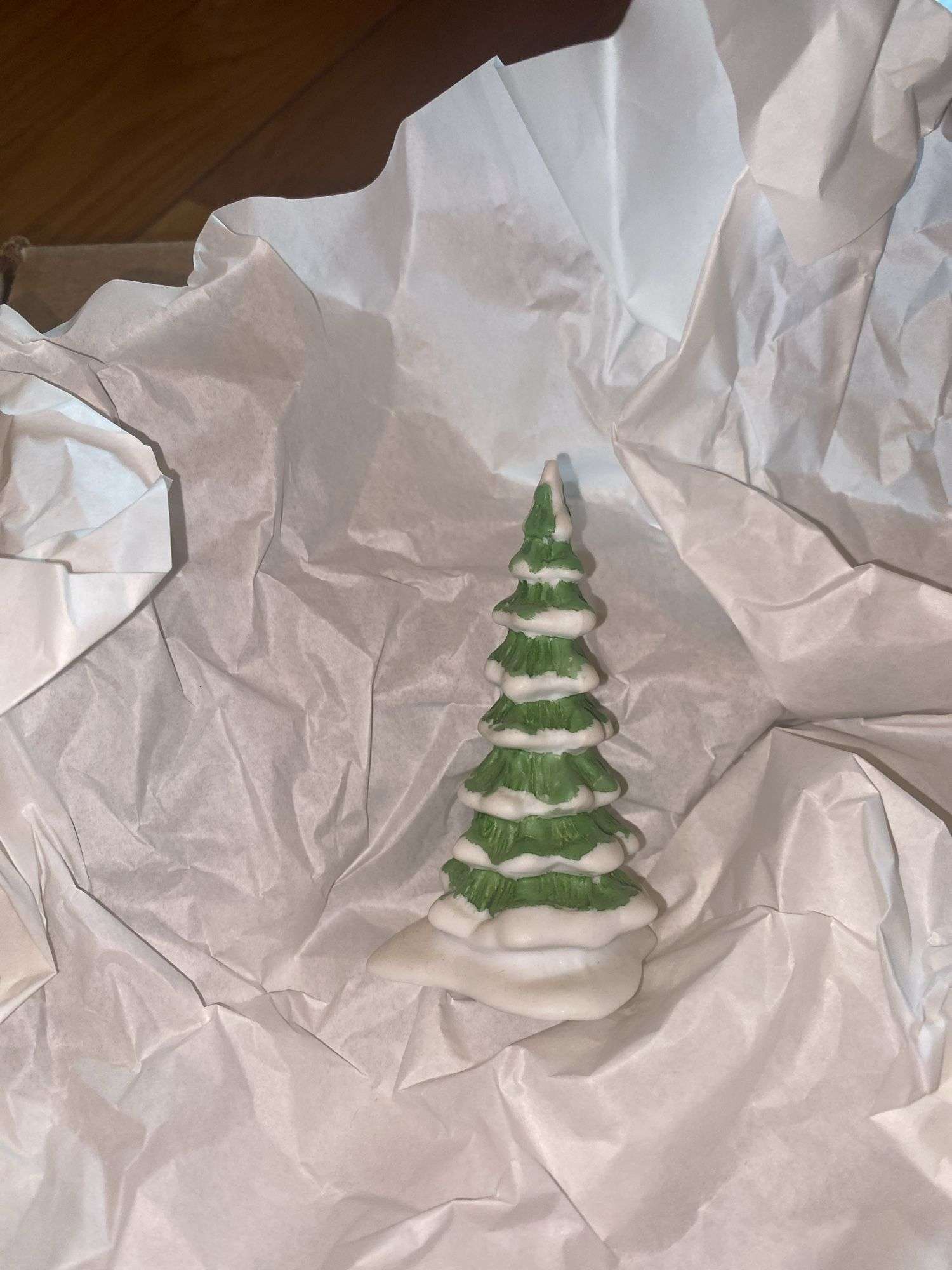 Department 56 “Blythe Pond” and (6) Department 56 Ceramic Snow Covered Trees