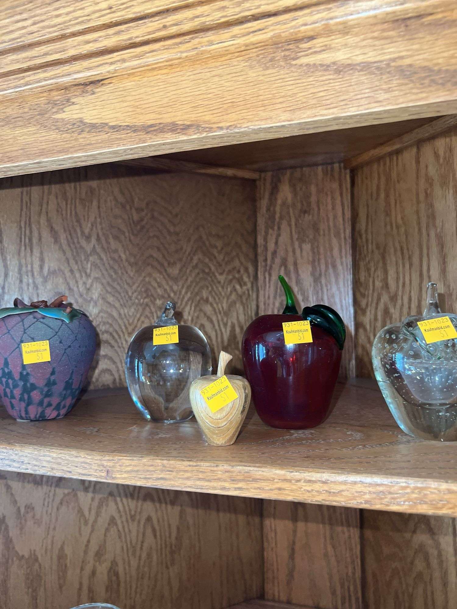 (5) Apples (3 Glass, 1 Ceramic, 1 Wood)