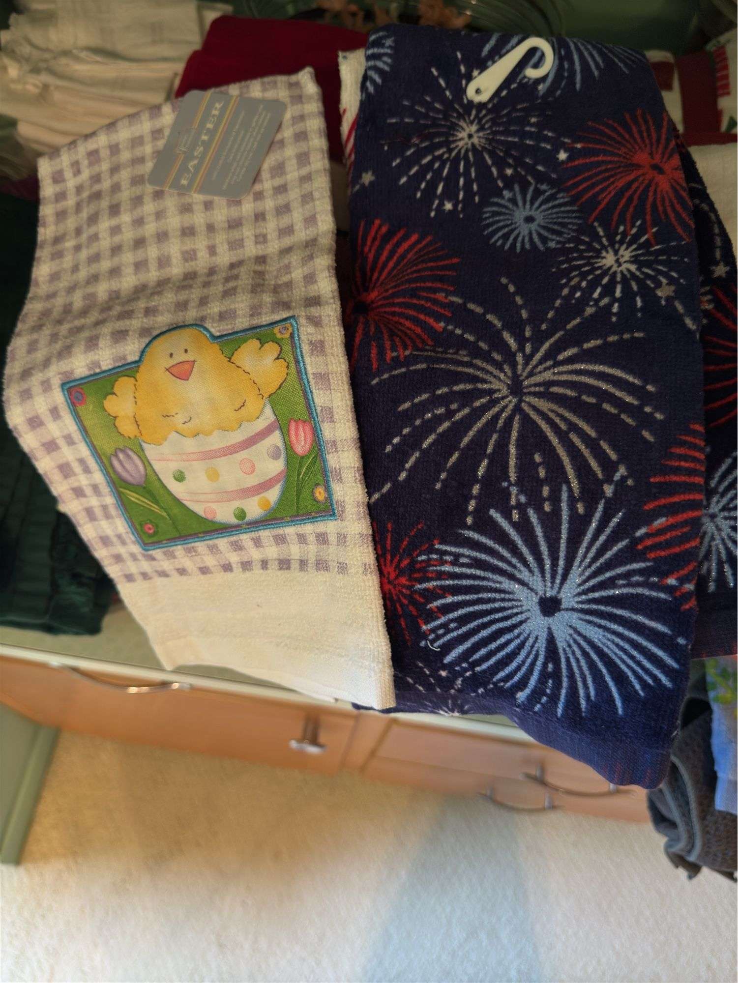 CONTENTS OF COUNTER TOP, TEA TOWELS (SOME NEW), CANDLES,