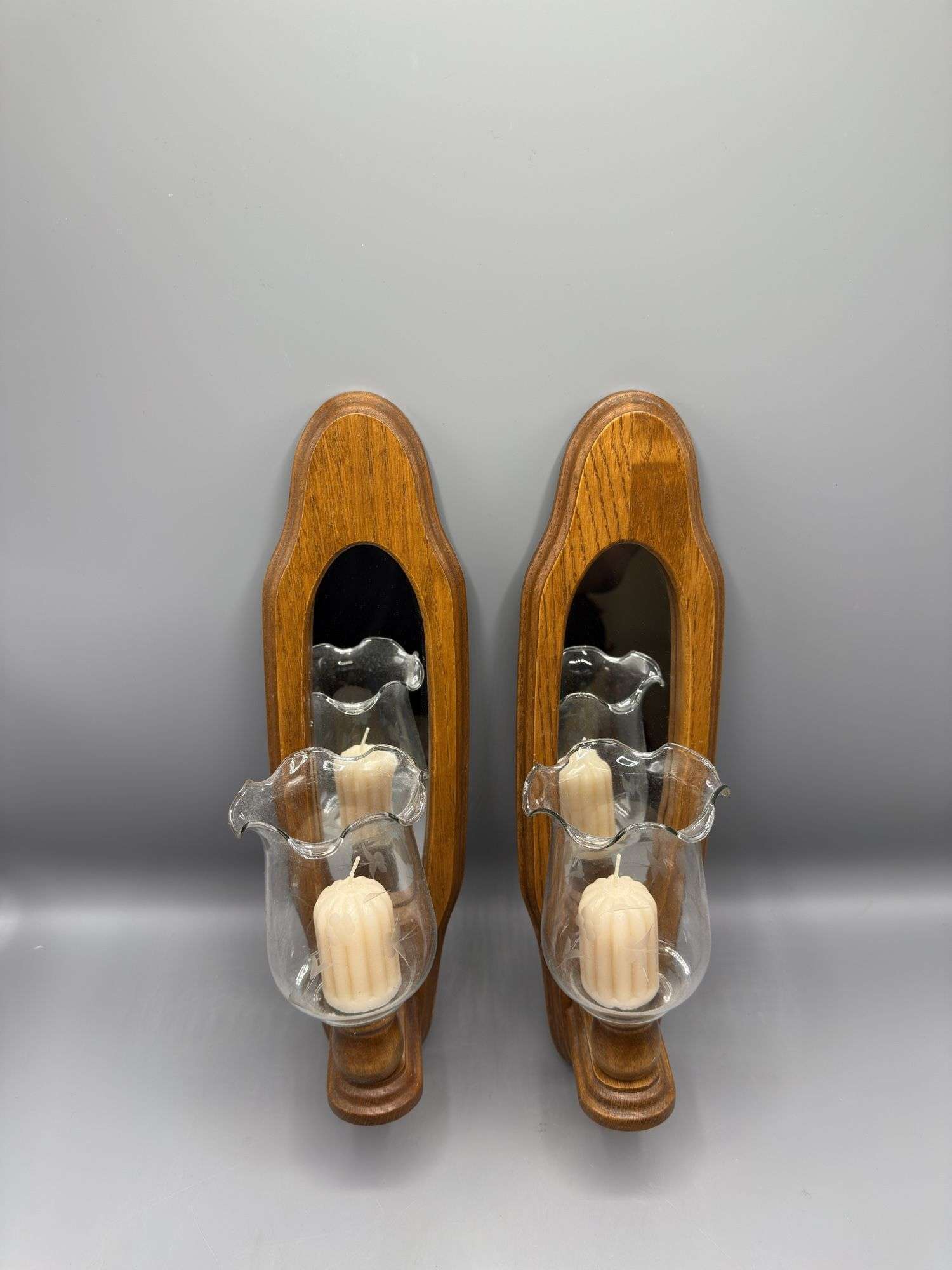 PAIR OF VINTAGE OAK MIRRORED CANDLE HOLDERS