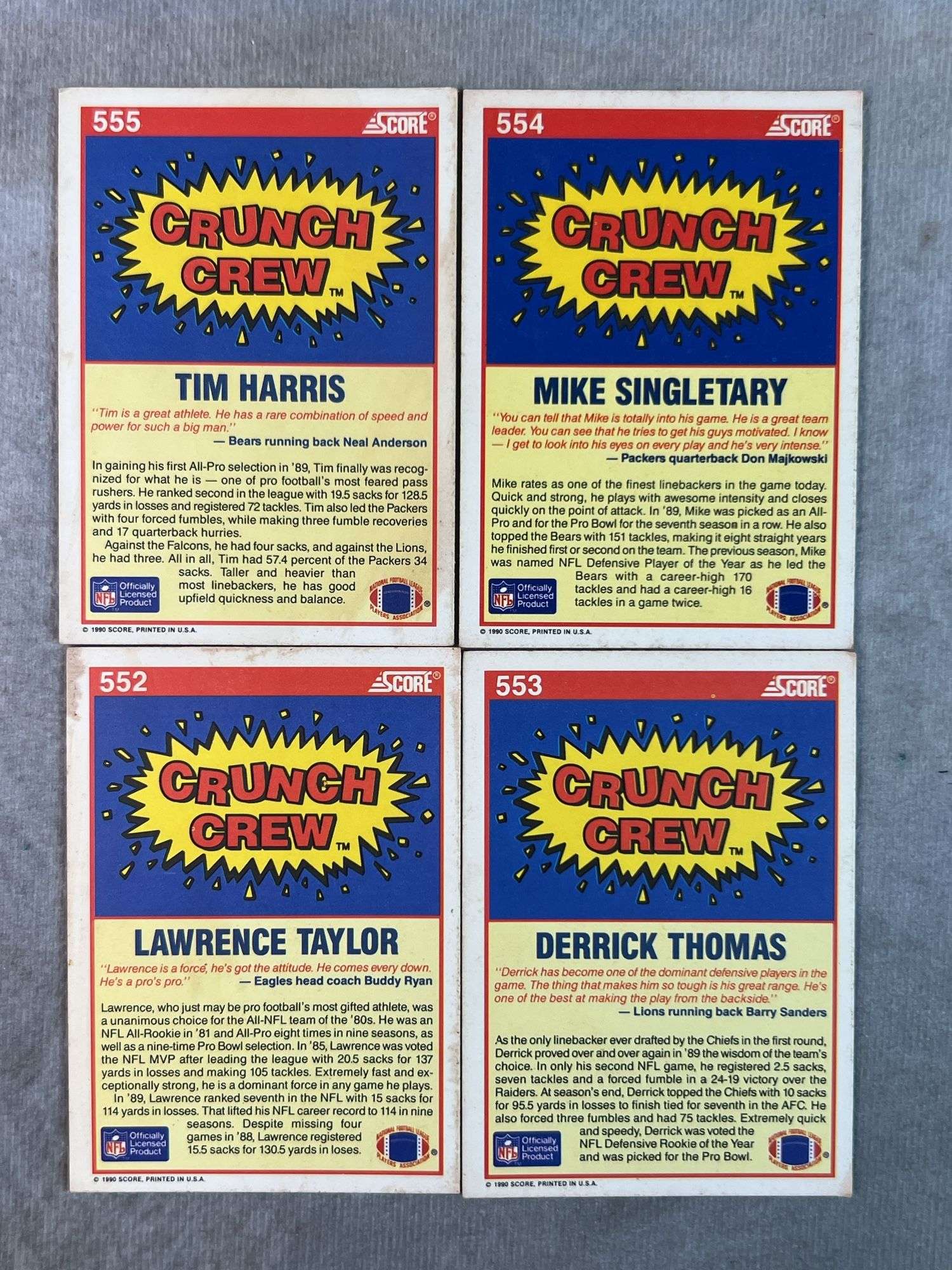 (4) Crunch Crew SCORE Football Cards( Mike Singletary, Tim Harris, Derrick Thomas, Lawrence Taylor)