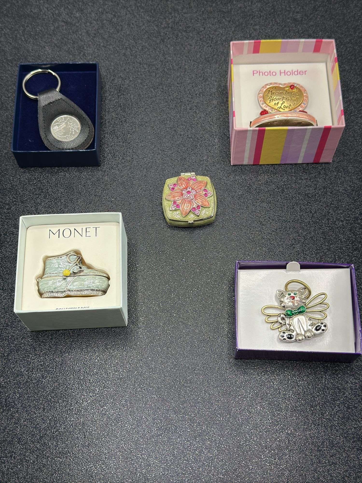 ASSORTED BROOCH, MONET BLUE ENAMELED SHOE TRINKET,  MONET PINK FLOWER ENAMELED LITTLE TRINKET/PILL B