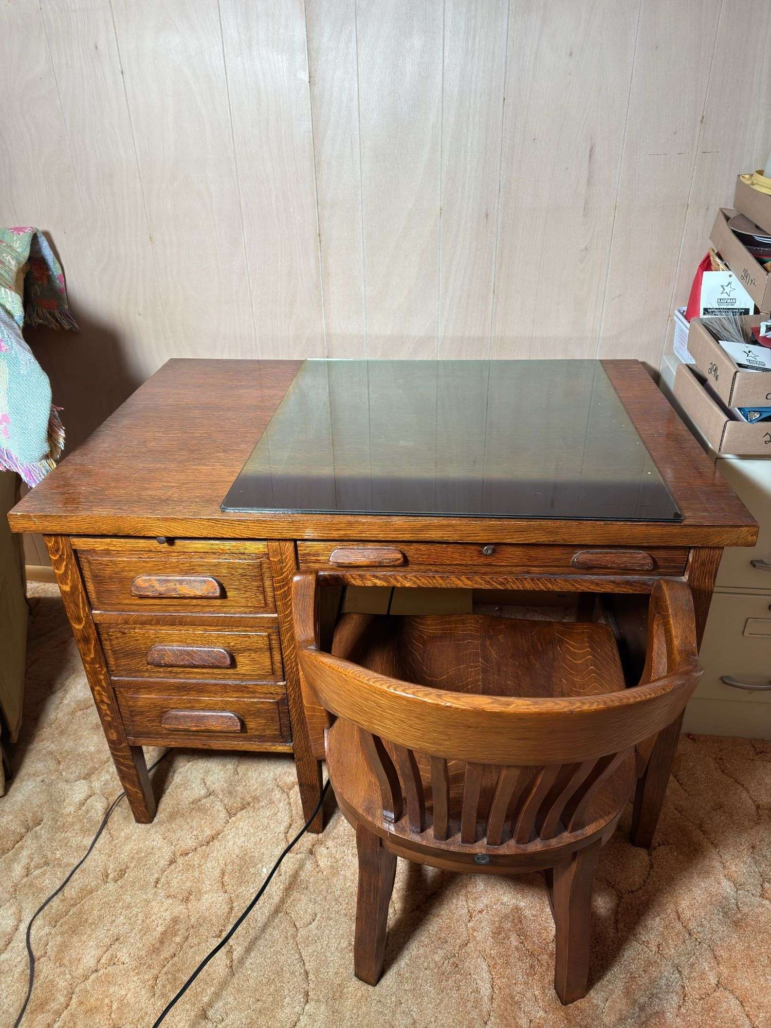 VINTAGE OAK DESK WITH MATCHING WOODEN DESK CHAIR