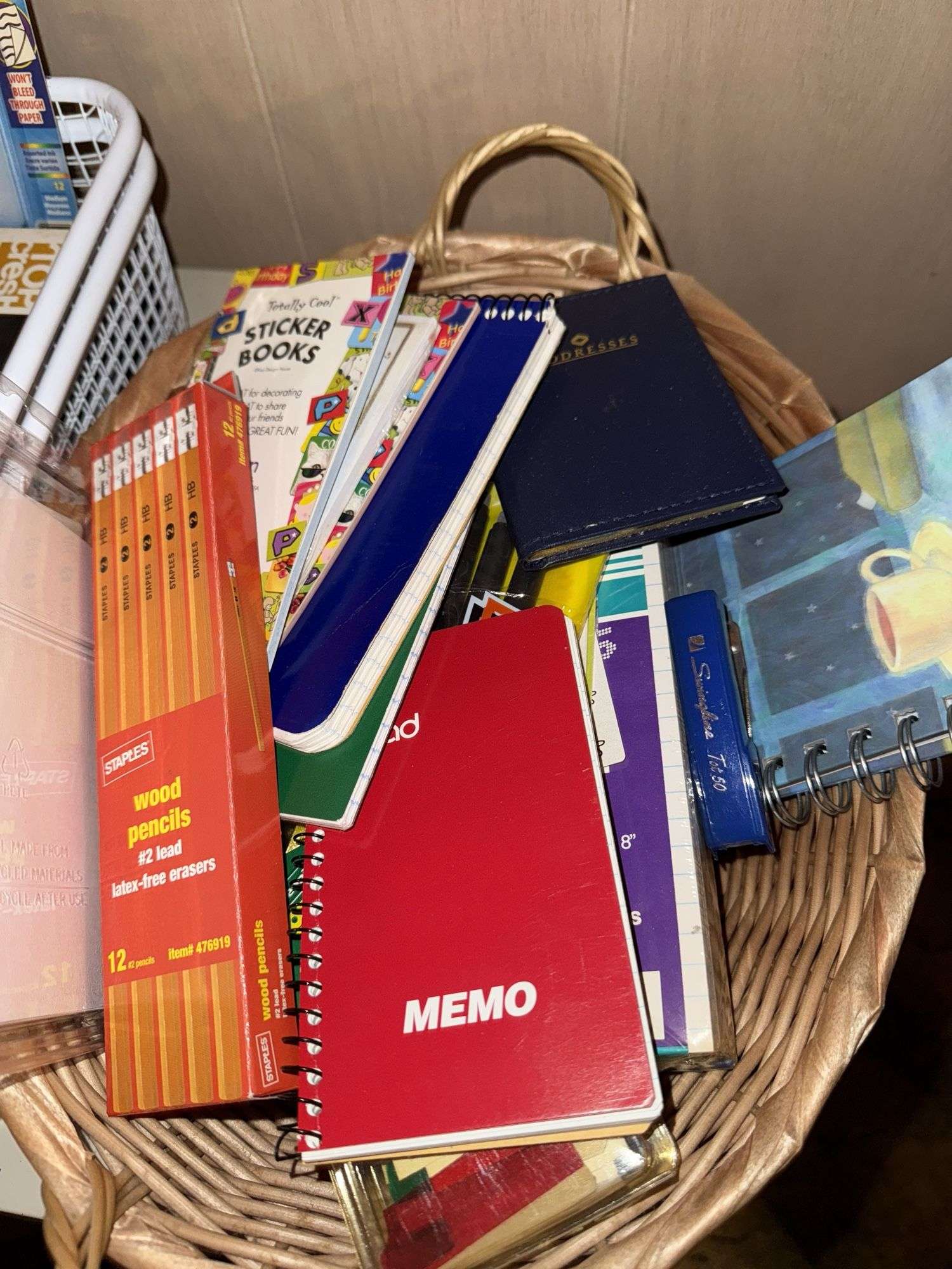 OFFICE SUPPLIES: ORGANIZER BASKETS, SCISSORS, PENS, PENCILS, MARKERS, NOTEPADS, STAPLER