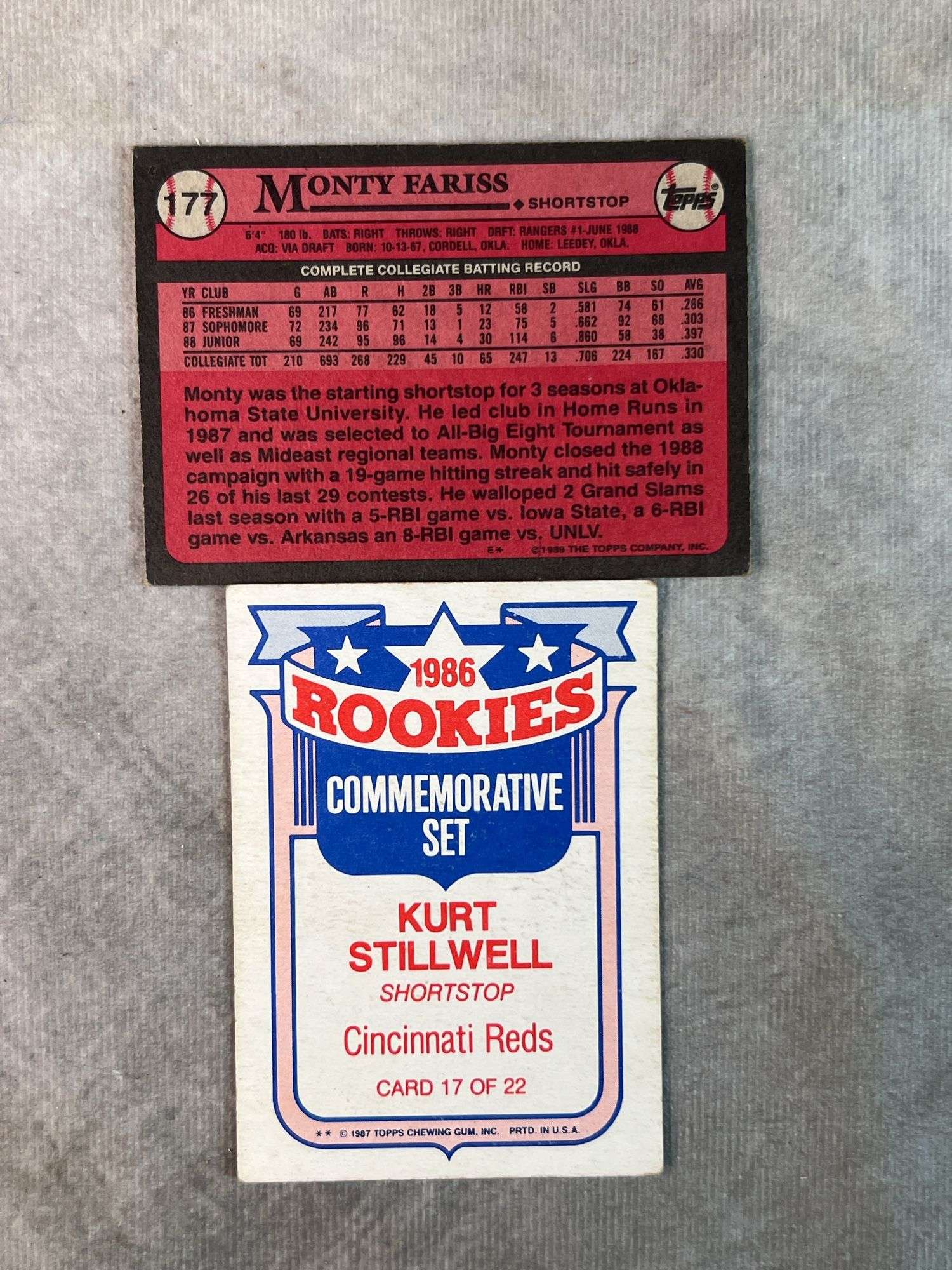 Draft Picks 1989 Topps Monty Fariss, 1987 Topps Chewing Gum Rookie Kurt Stilwell
