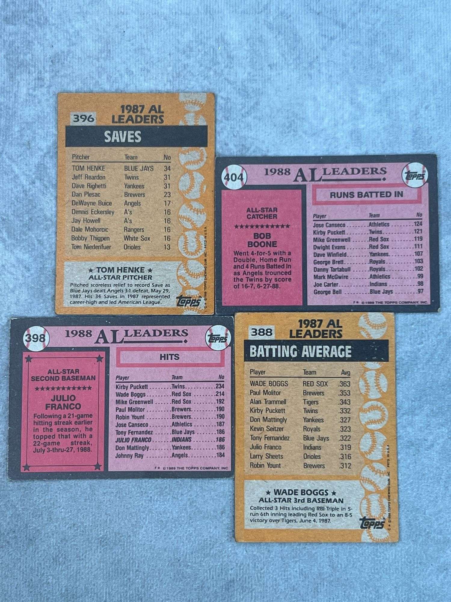 1987 & 1988 Topps All Stars (Tom Henke, Wade Boggs, Bob Boone, Julio Franco)