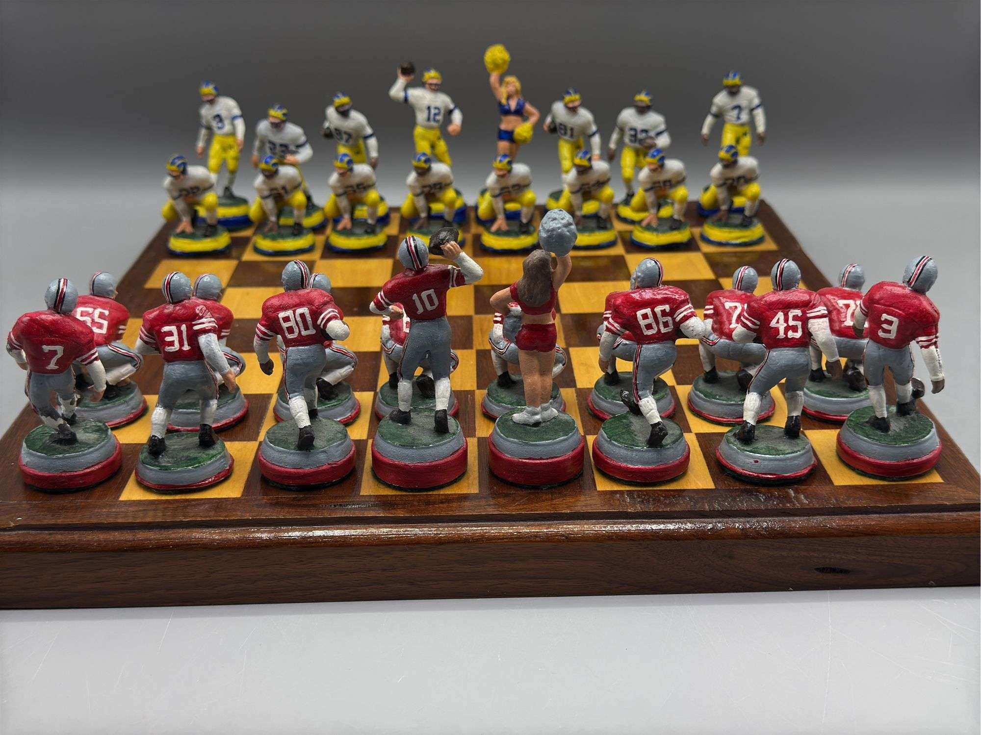 CUSTOM OHIO VS MICHIGAN CHESS SET WITH HEAVY LEAD CHESS PIECES AND WOOD CHESS BOARD
