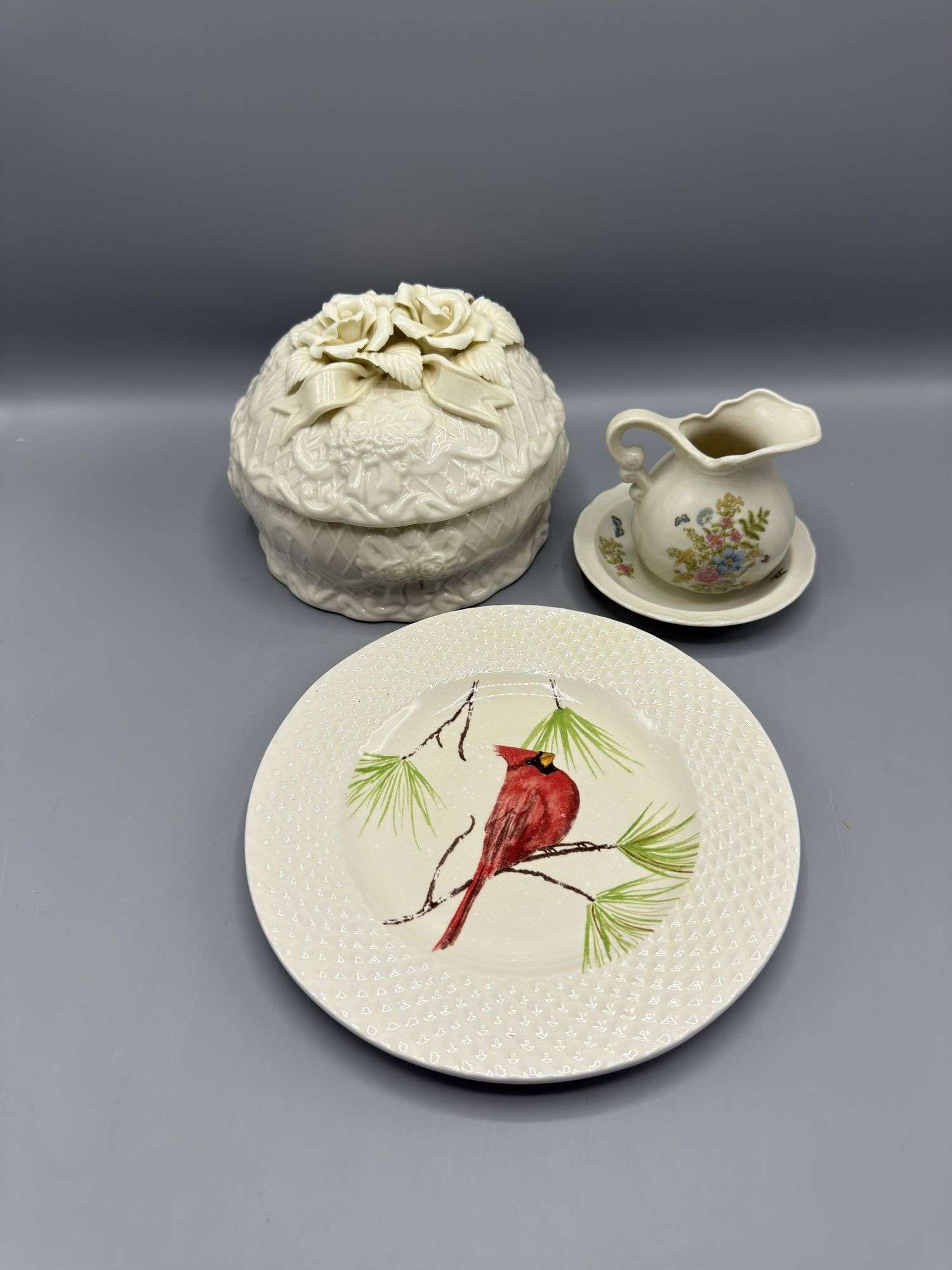 CERAMIC CANDY DISH, CARDINAL PLATE, CRRAMER PITCHER, COASTERS, WOOD ANGEL PLAQUE