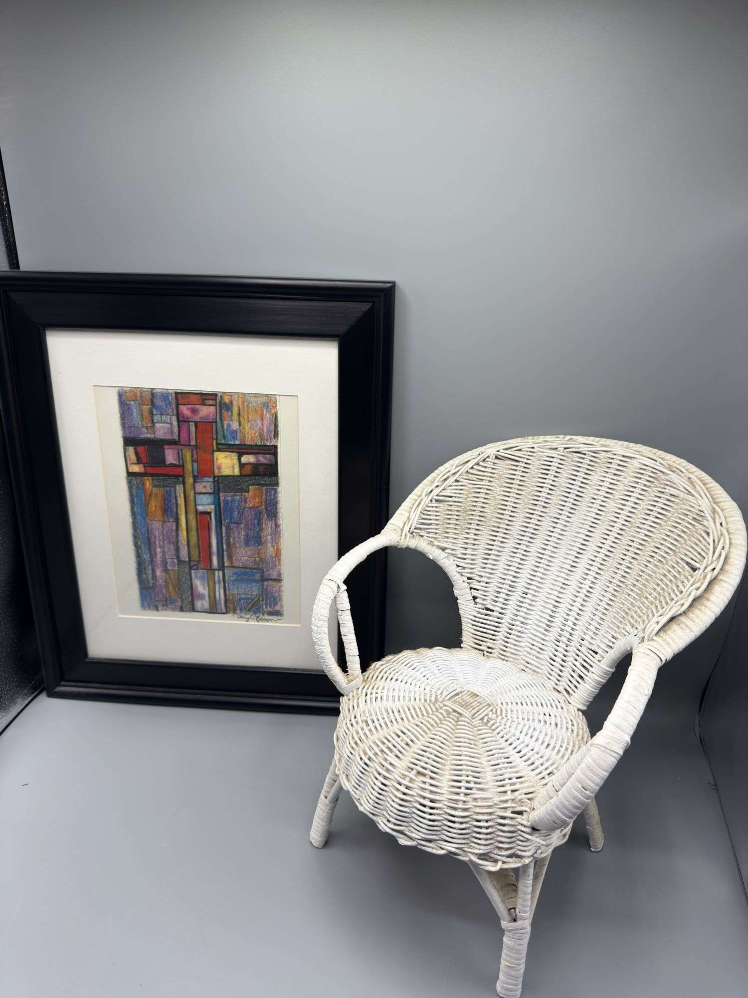 MINI VINTAGE WICKER CHAIR AND WATER COLOR WALL ART BY AMY C. BROWN