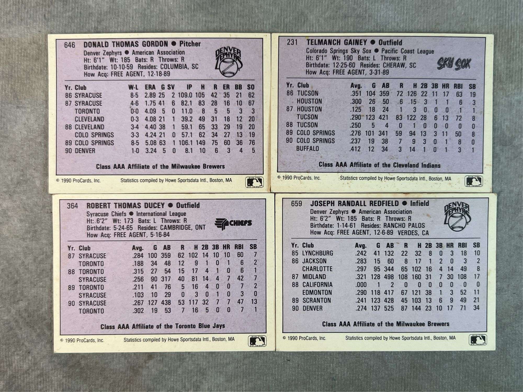 (4) Pro Cards ( Rob Ducey, Don Gordon. Joe Redfield, Ty Gainey)