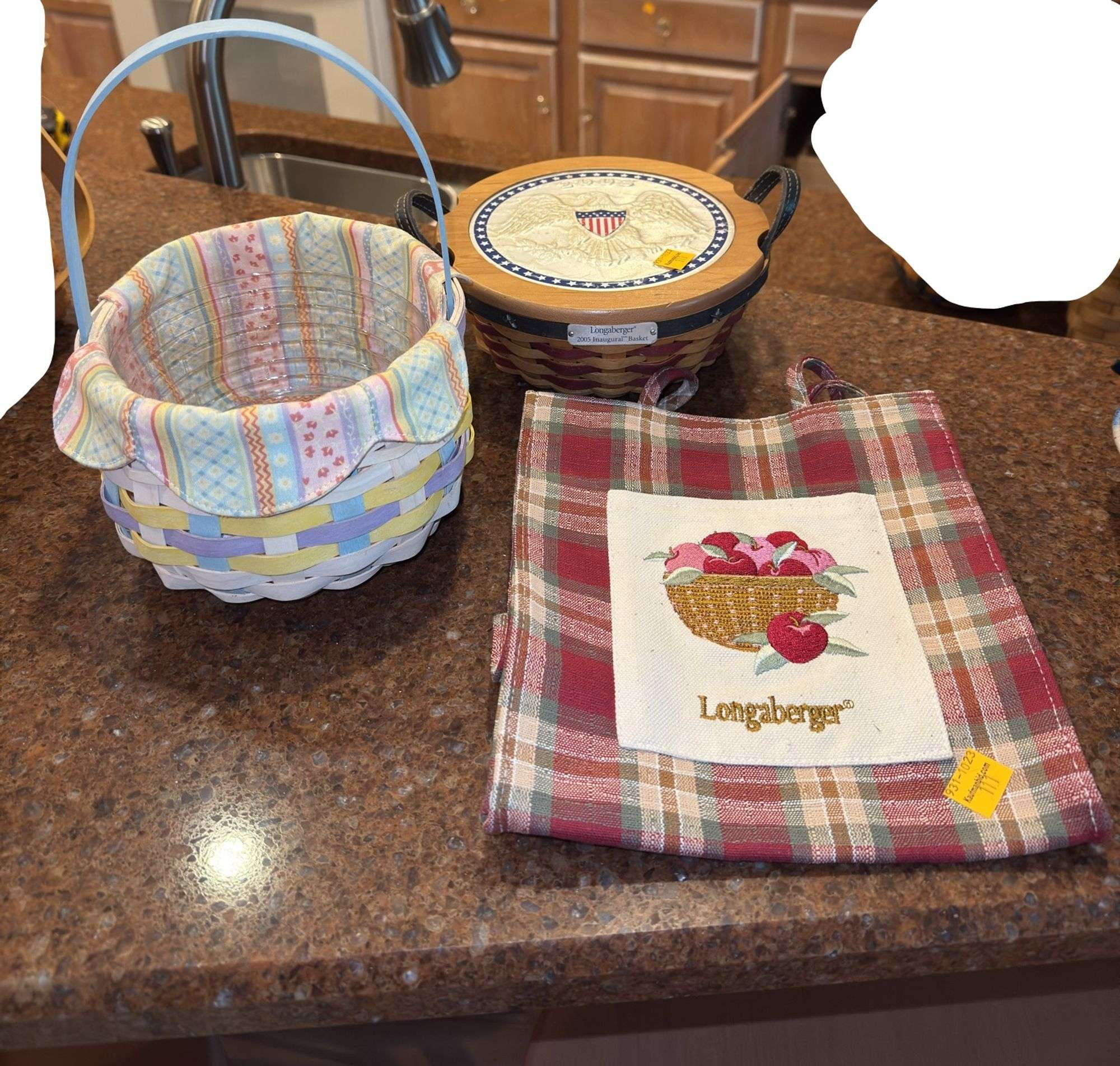 2005 Longaberger Inaugural Basket, Longaberger Easter Basket, and Longaberger Apple Carrying Bag