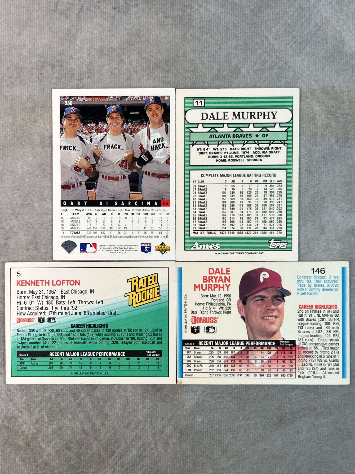 Dale Murphy, Gary Di Sarina, Kenny Lofton Cards